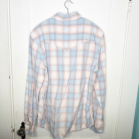 Faherty Artisan Twill Western Shirt Collared Pink Blue Plaid Pearlized Buttons M - Picture 11 of 13